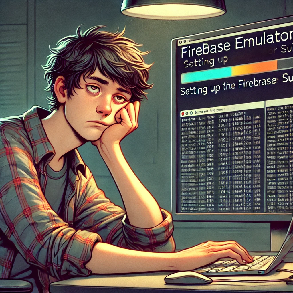 A software engineer who is very board from setting up the Firebase Emulator Suite once again and he does not even know how many times he has done this before.