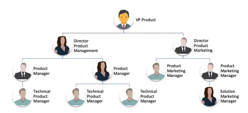 Org chart showing a Product Org with Product Management on one side and Product Marketing on the other all under a VP of Product.