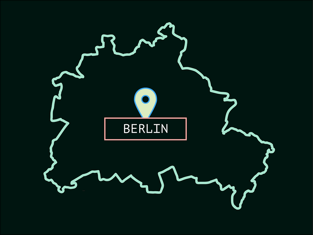 an outline of Berlin with a map pin