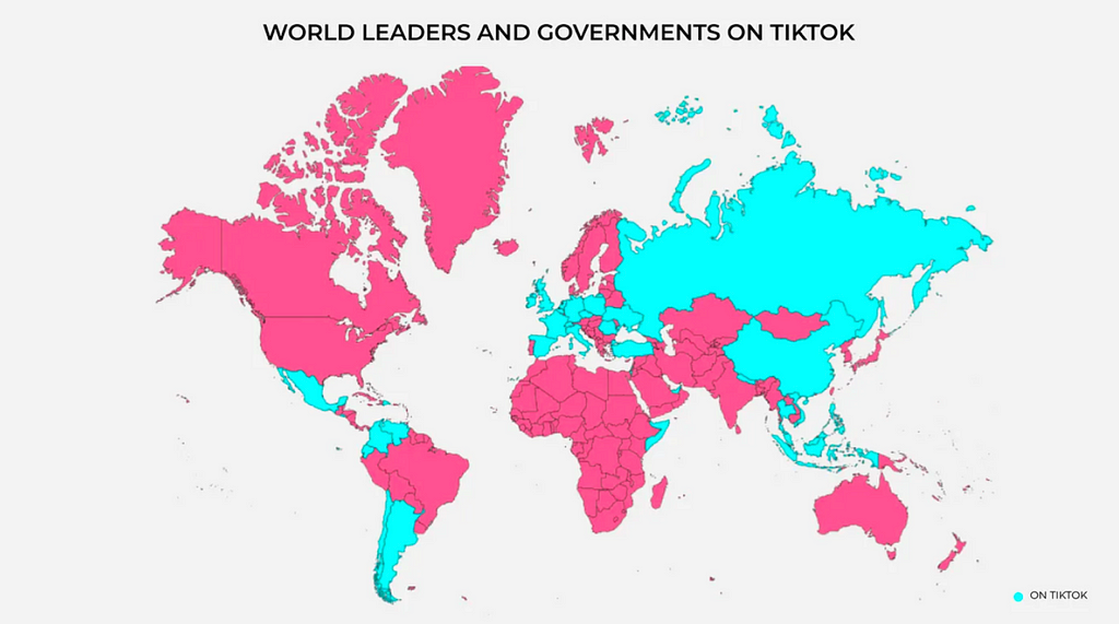 The map provided above by Andreas Sandre, Press and Public Affairs Officer at the Embassy of Italy in the US, showcases countries worldwide where there is a TikTok presence either from a government member (current or former), the government itself, or a government ministry. These users are official accounts that have been verified by the platform.