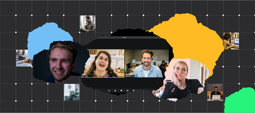 A collage of multiple people on a video call.