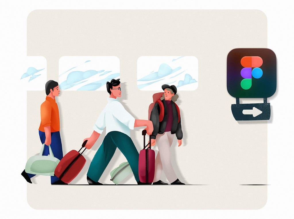 An illustration of three passengers with a sign of Figma that shows the path