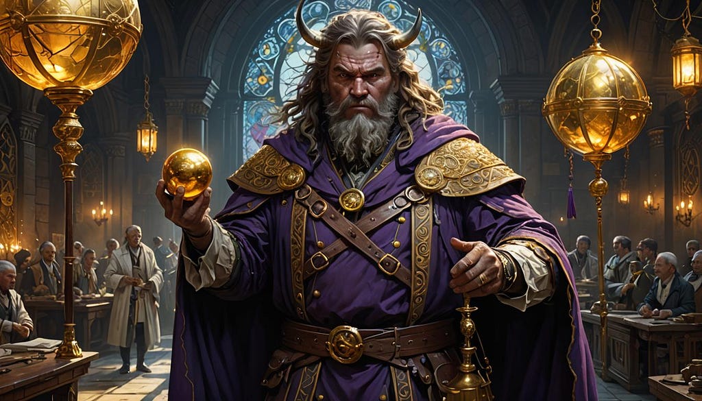 Highlander holding golden orb, fantasy art