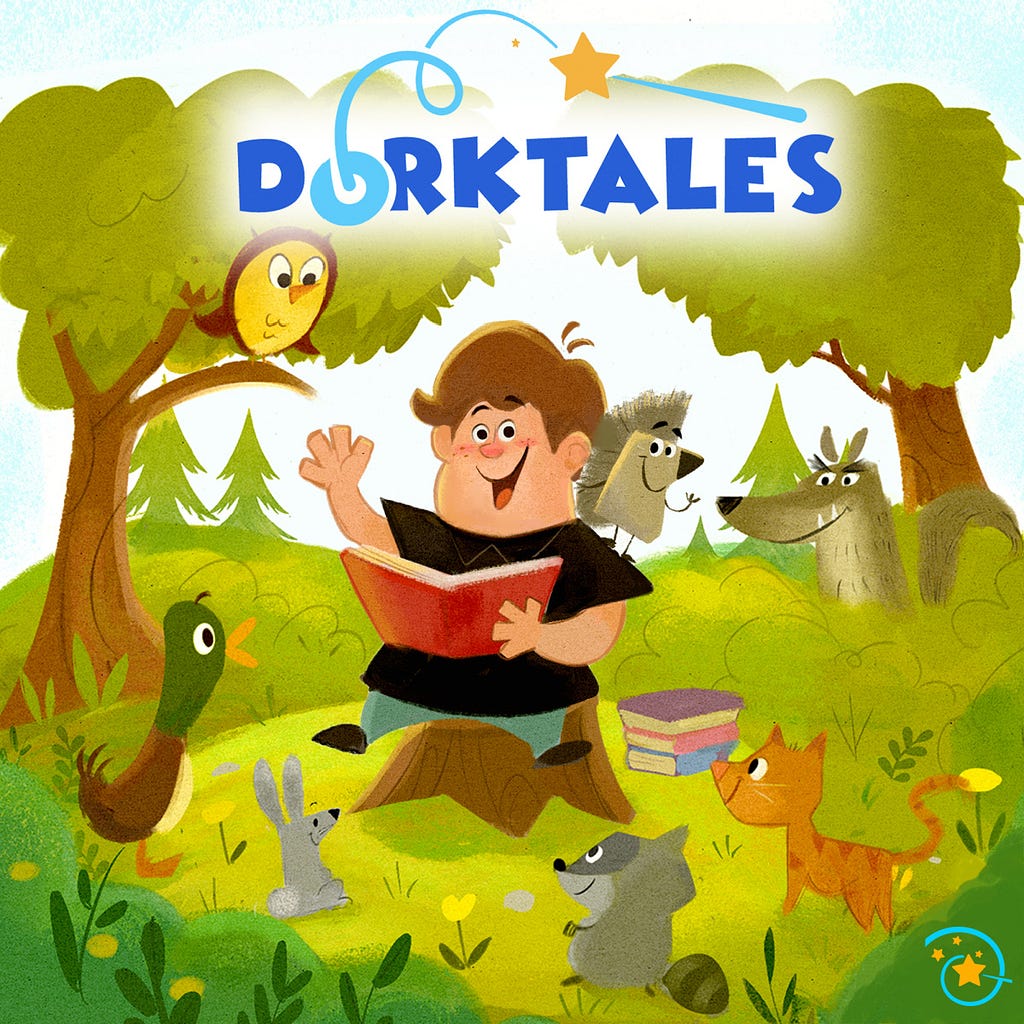 Cover art for Dorktales Storytime podcast features a young Boy sitting on a tree stump holding open a red storybook in the middle of a forest. A hedgehog is on his shoulder and both are waving. They are surrounding by forest creatures come to listen to their stories.