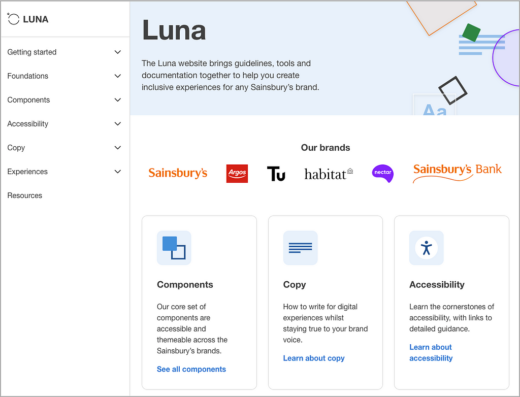 Screenshot of Sainsbury’s Luna guidelines website homepage