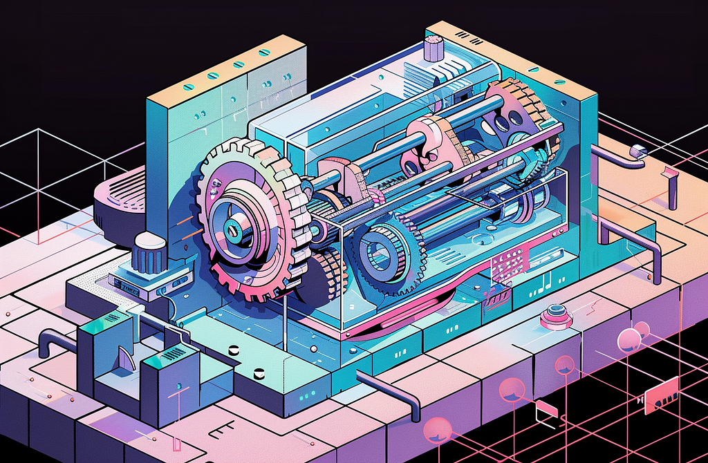 An illustration of a translucent digital and analogue machine made of gears, used to demonstrate the complexities of Generative AI can be exposed where it makes sense to users.