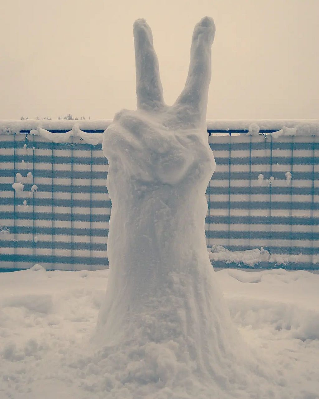 Snow sculpture of a hand making a peace sign