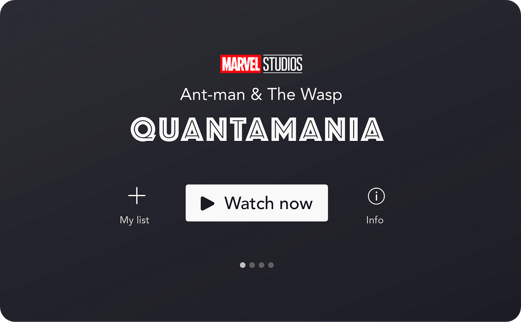 A new UI element for the Disney+ app, showing options to either watch the content, add it to a watchlist or click for more info
