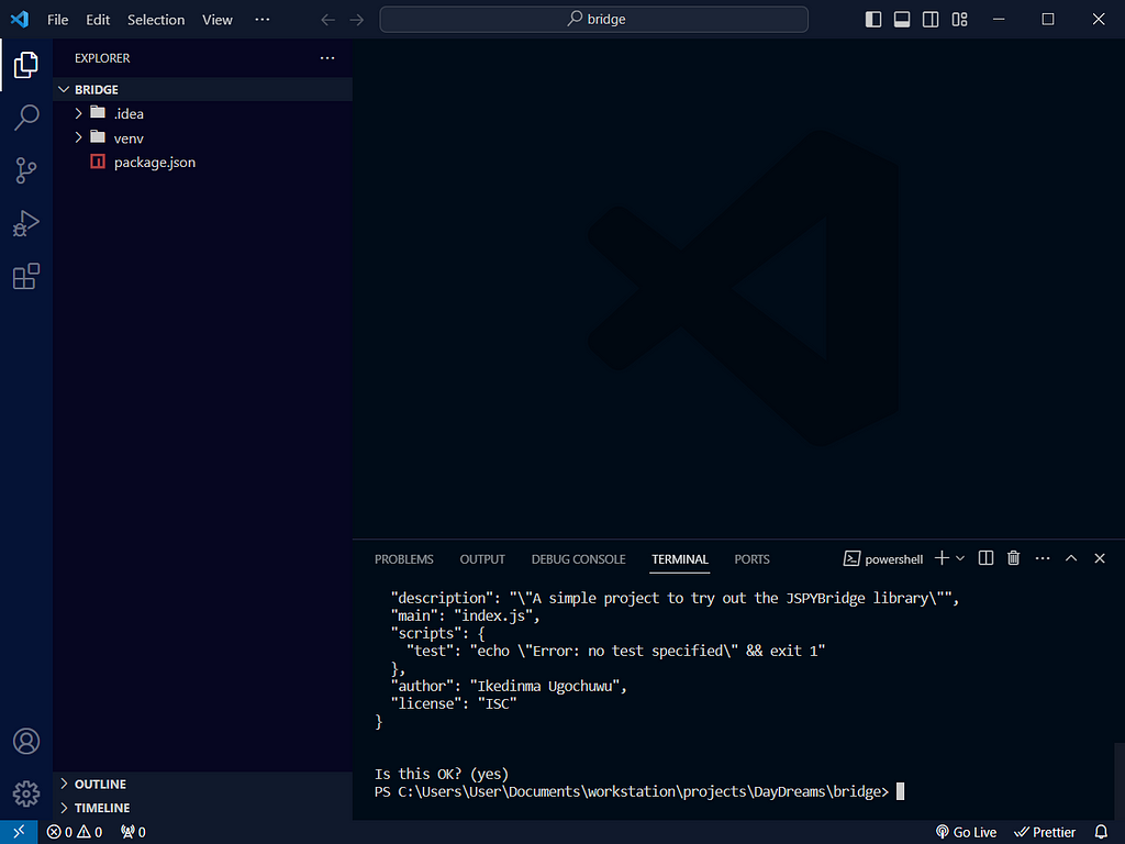 Opened the bridge folder on VSCode