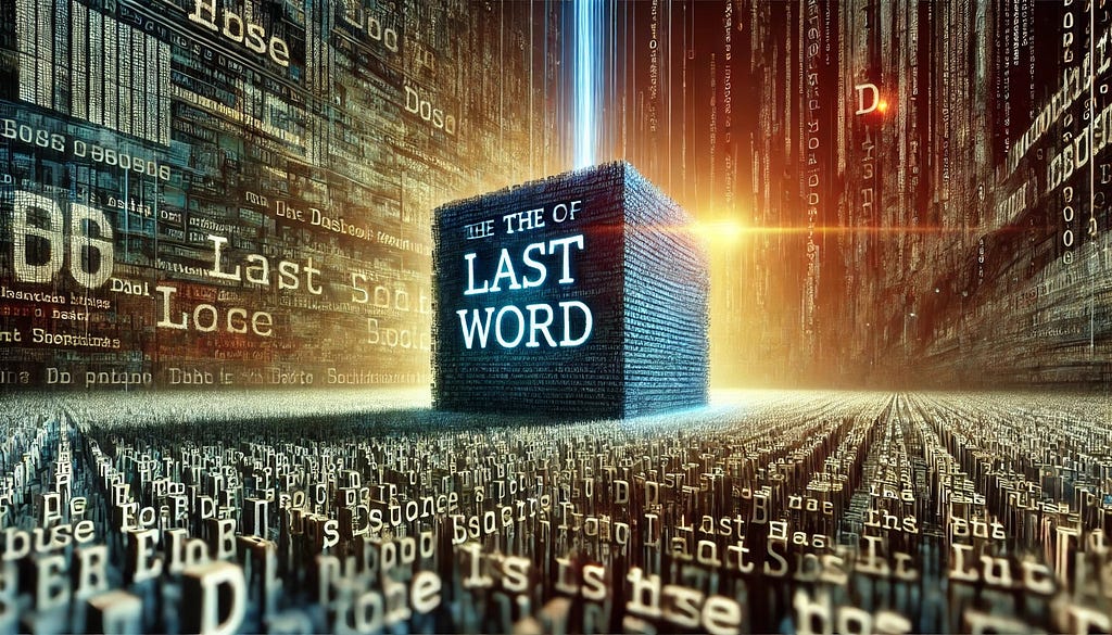 An artistic representation of text analysis, focusing on identifying and measuring the last word in a string within a digital and algorithmic context.
