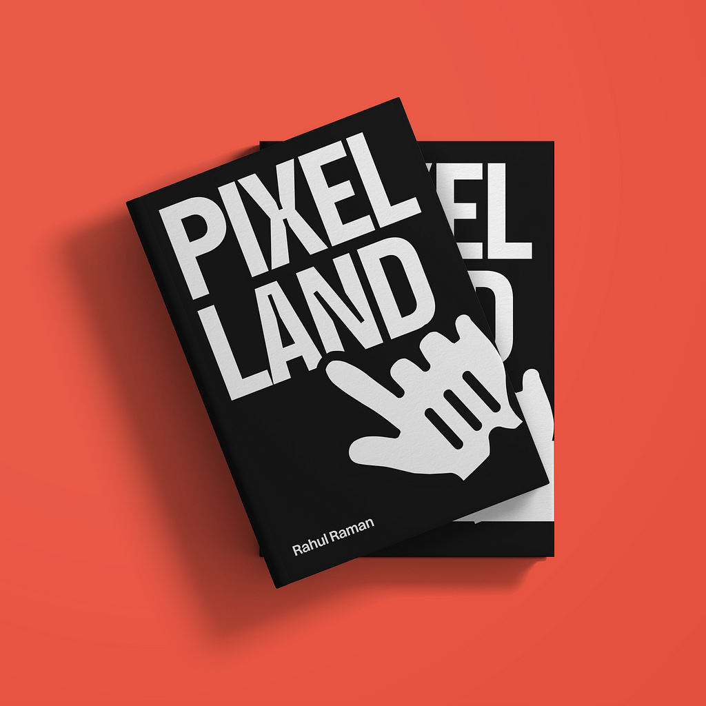Two book pile up in orange backround named “Pixel Land by Rahul Raman”