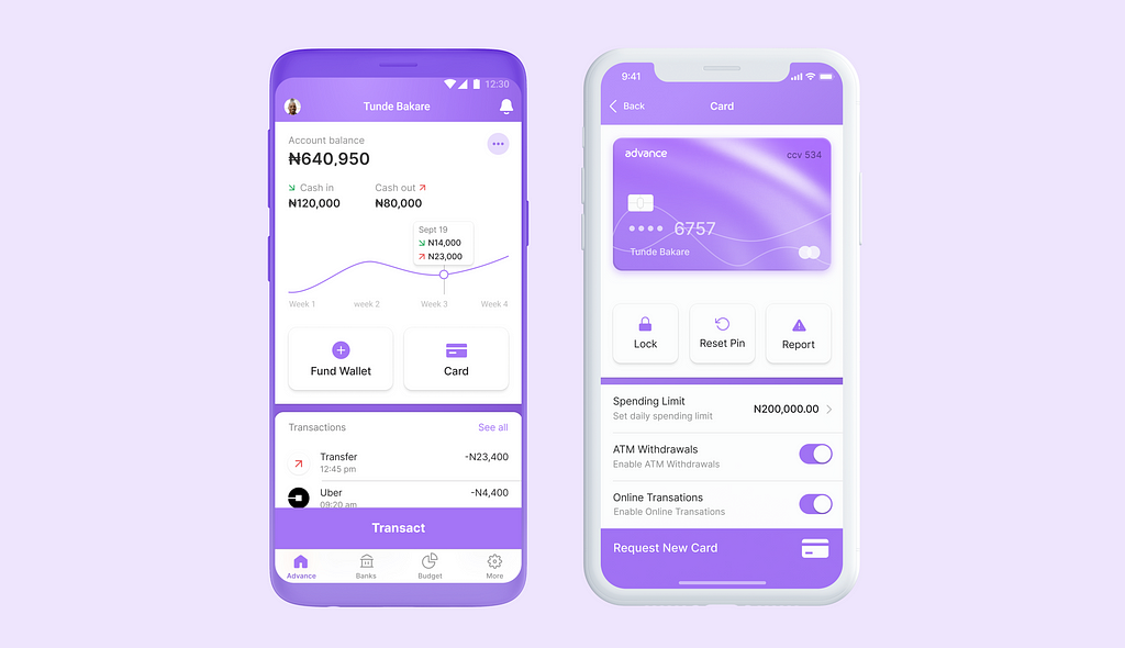 Image of 2 mockups showing the interface of Advance banking app