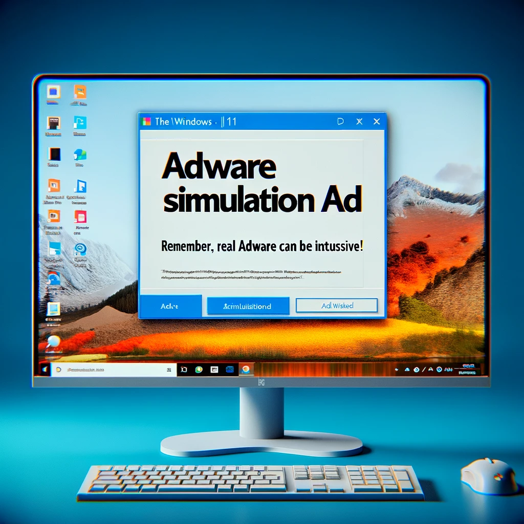 Simulated adware pop-up on a Windows 11 desktop.