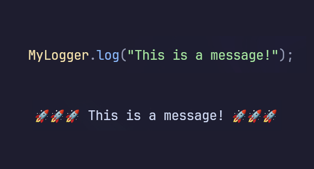 An example usage and output result of the fancy logger where calling it with a message logs that message to the console surrounded by emojies