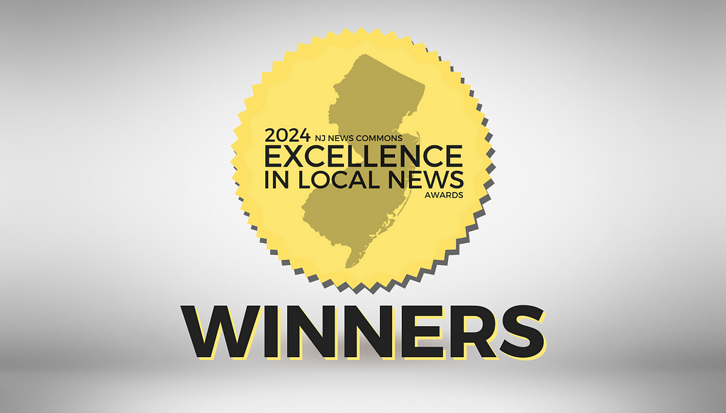Graphic image of an award seal for the ‘2024 NJ News Commons Excellence in Local News Awards’ with the word ‘WINNERS’ prominently displayed at the bottom. The seal is gold with a jagged edge and features the outline of New Jersey in white.