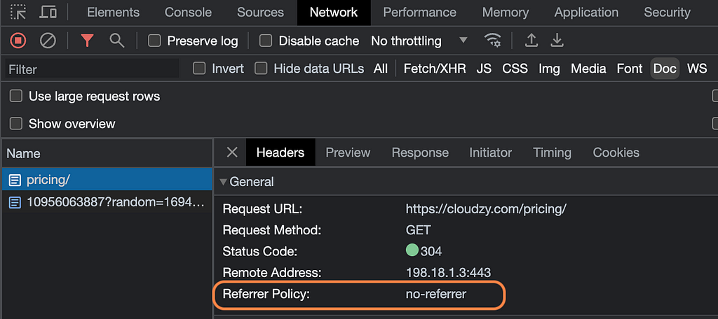 Referrer Policy in Network Tab
