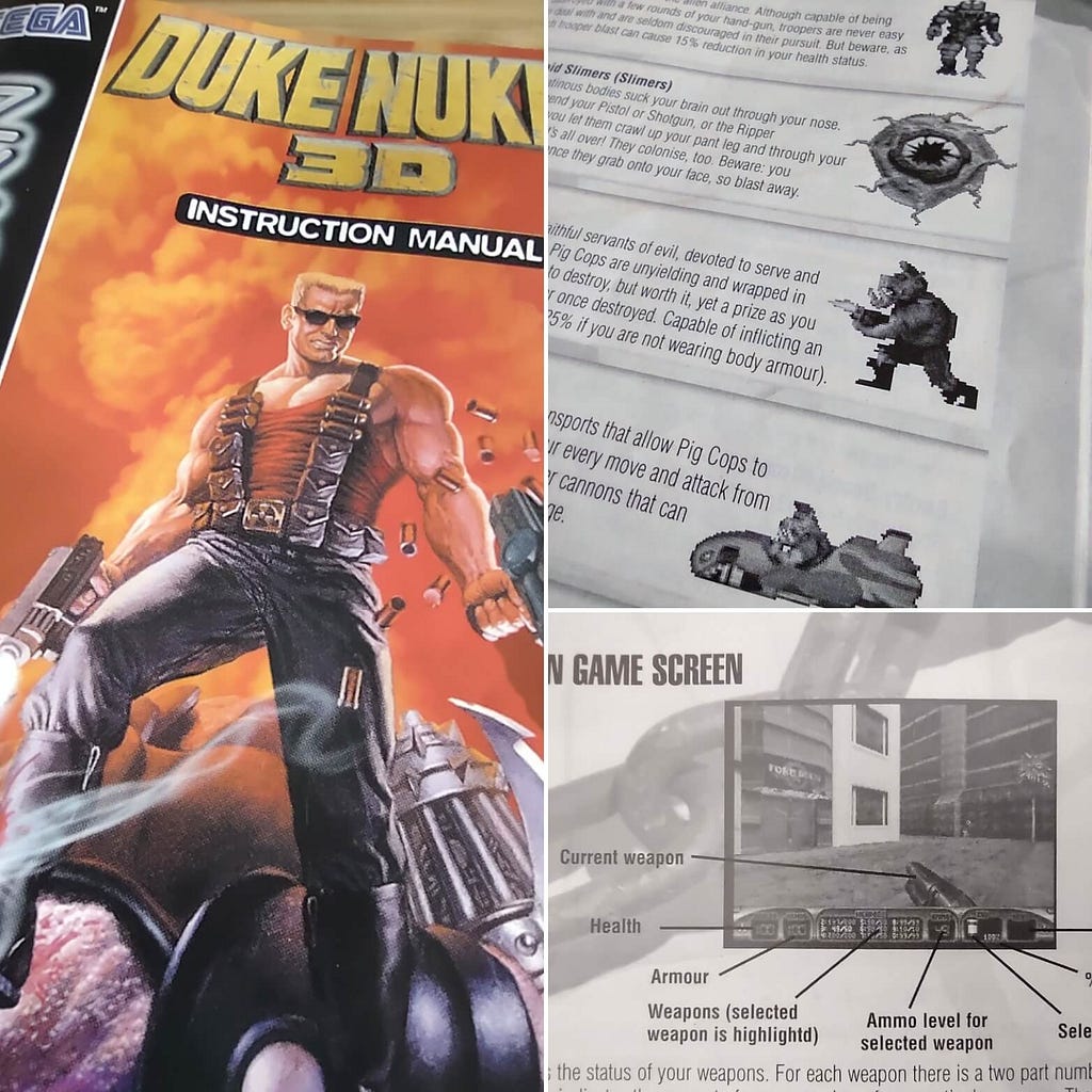 A collage of various photographs taken of the Duke Nukem 3D game manual