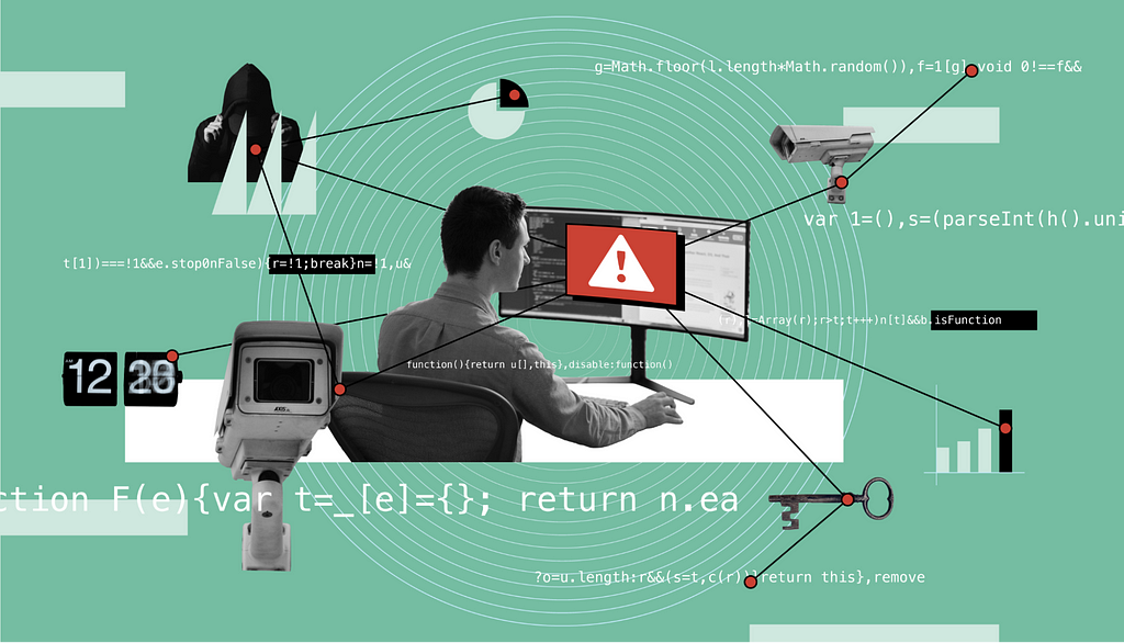 cybersecurity professional sitting in front of a monitor surrounded by security cameras