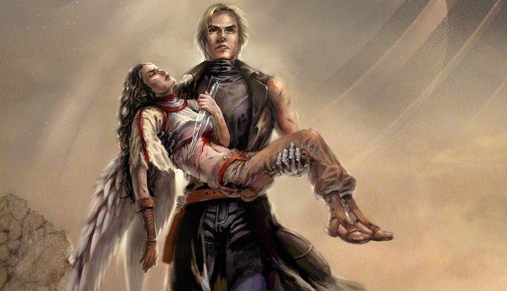Image: A blond man in a long leather vest holding a winged woman in his harms. She holds the glass head of a spear, red with blood.