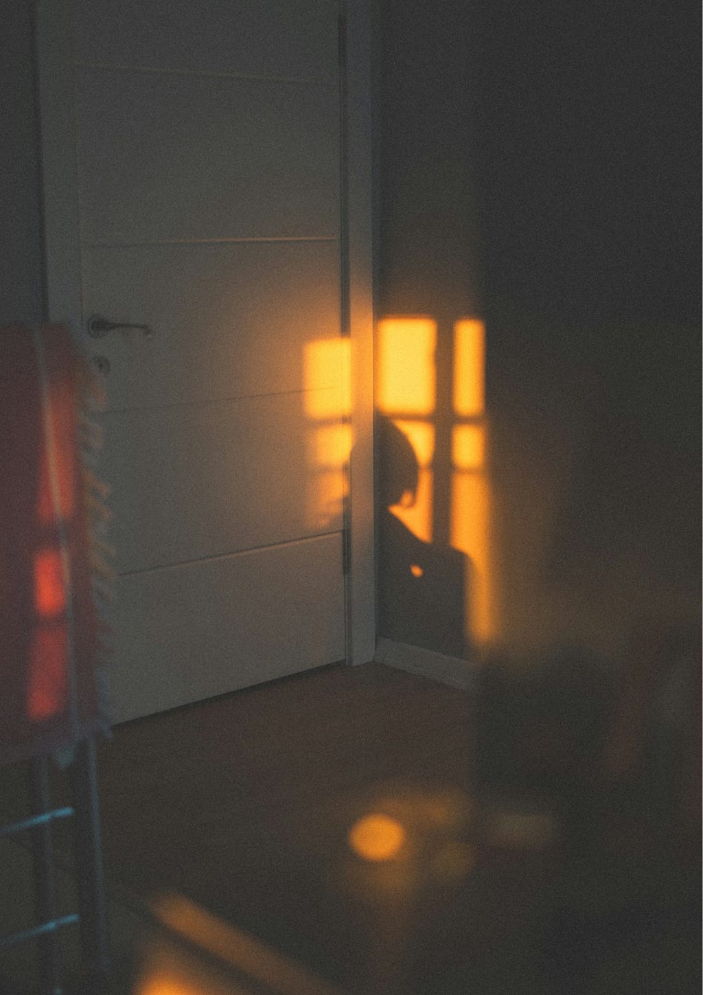 The corner of a room, including the closed door, with the shadow of someone sitting with their head hanging, presumably in shame.