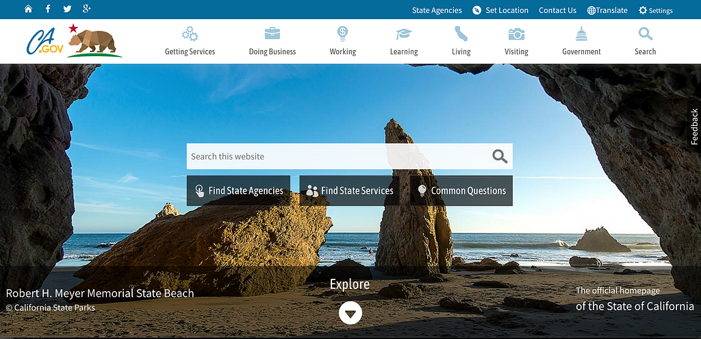 Screenshot of the current CA.gov homepage.