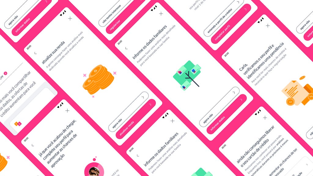 imagens simbolizando as telas do aplicativo na posição diagonal em um fundo cor de rosa