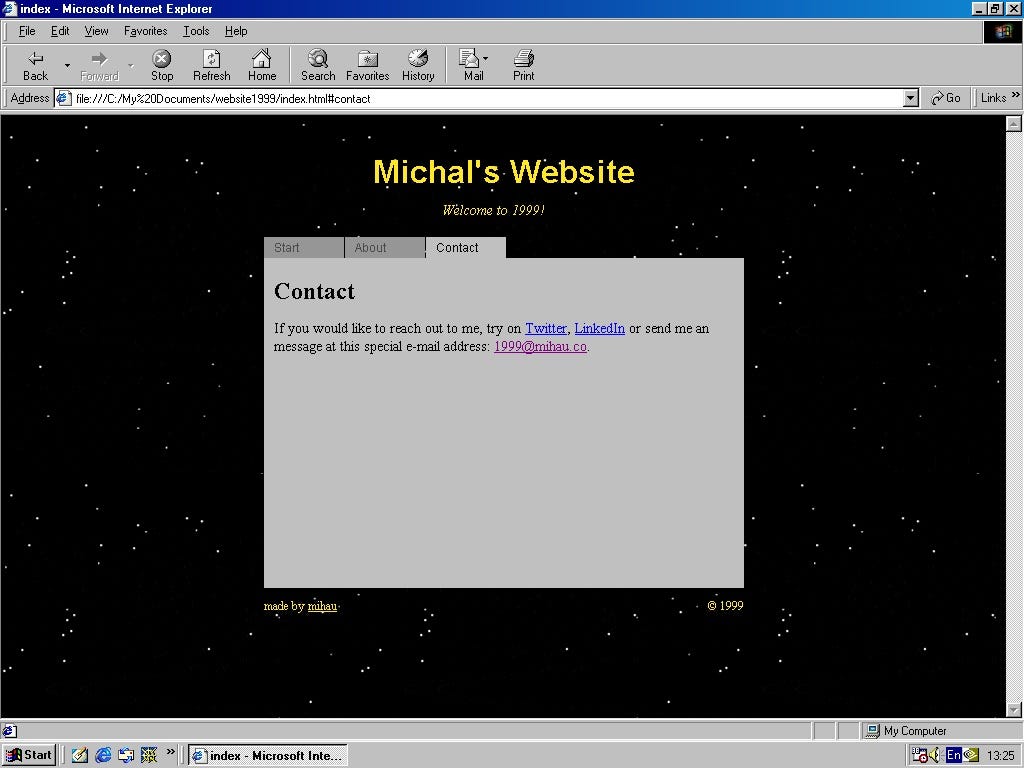 Screenshot of 1999 webpage with contact tab open on Internet Explorer 5