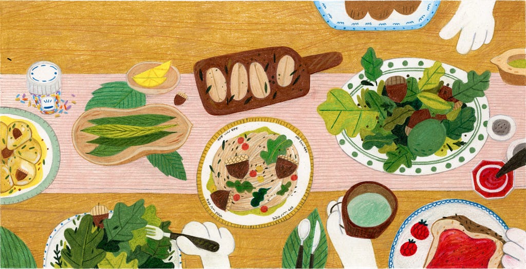 a plate of pasta, bread on a wood panel, salad, other vegetables on a table by Heegyum Kim