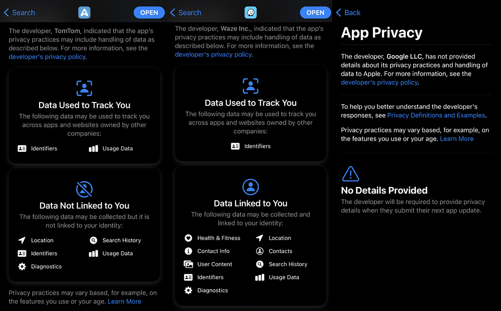 App Store privacy labels for TomTom AmiGO vs Waze vs Google Maps (where Google Maps does not have any labels at all)