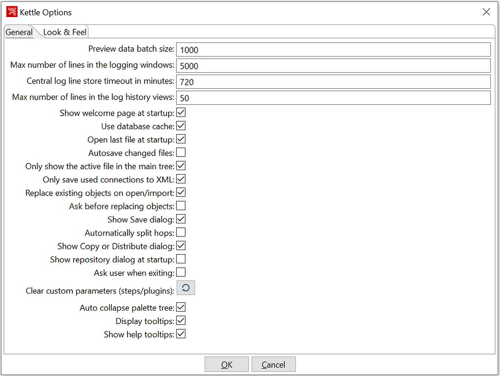 Options to tweak in PDI screenshot