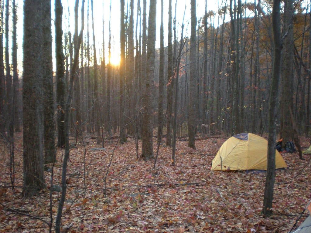 A photo with a forest, a tent and a rising sun.