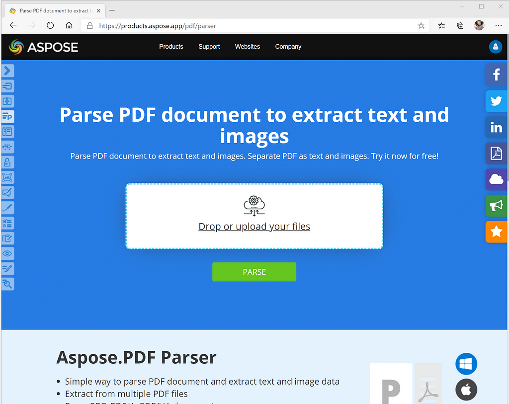 Aspose.PDF Parser — free web applcation
