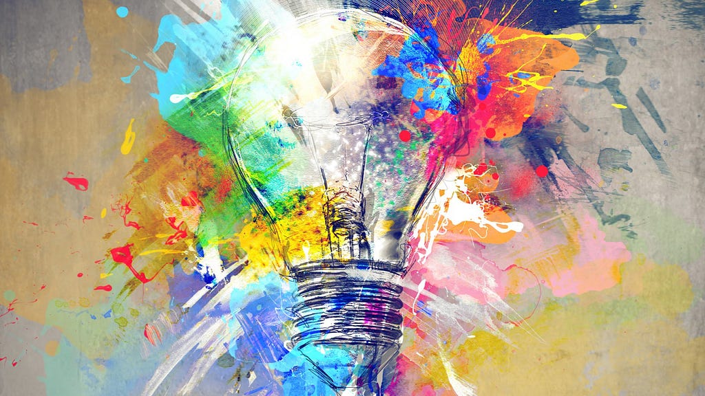 A painting of a lightbulb with lots of colours coming of it