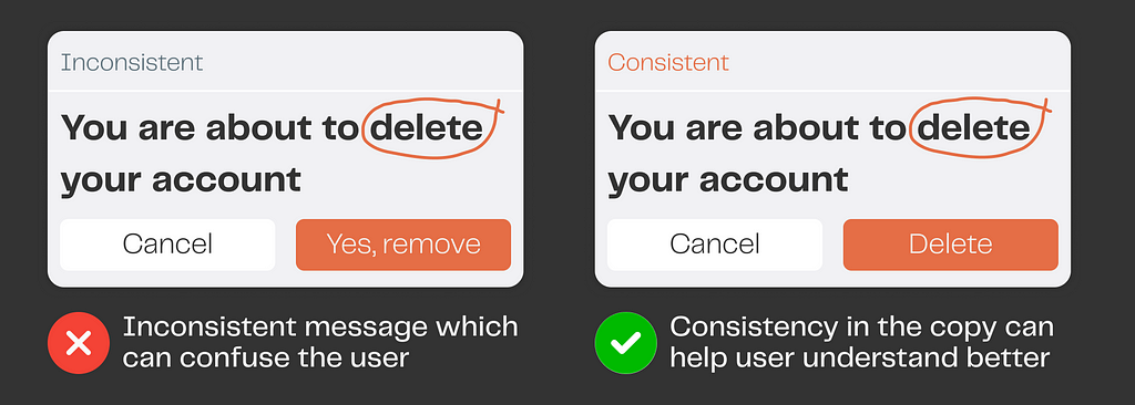 An example of how consistency in UX Copy matters for a smooth user experience