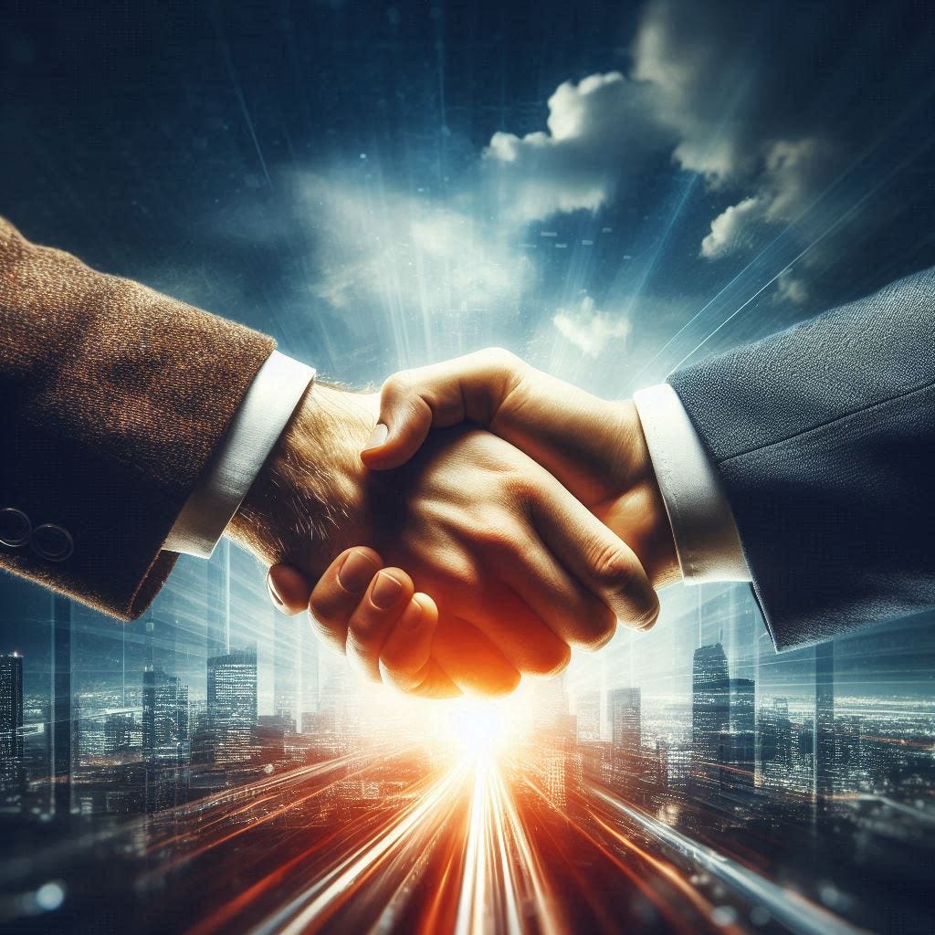 A close-up of two businesspeople shaking hands against a dramatic background. The handshake is illuminated, creating a warm glow. Behind the hands, a futuristic cityscape with skyscrapers is visible, along with streaks of light suggesting rapid movement or progress. The sky above features dramatic clouds and beams of light. The image conveys concepts of partnership, progress, and business success in an urban, high-tech environment.