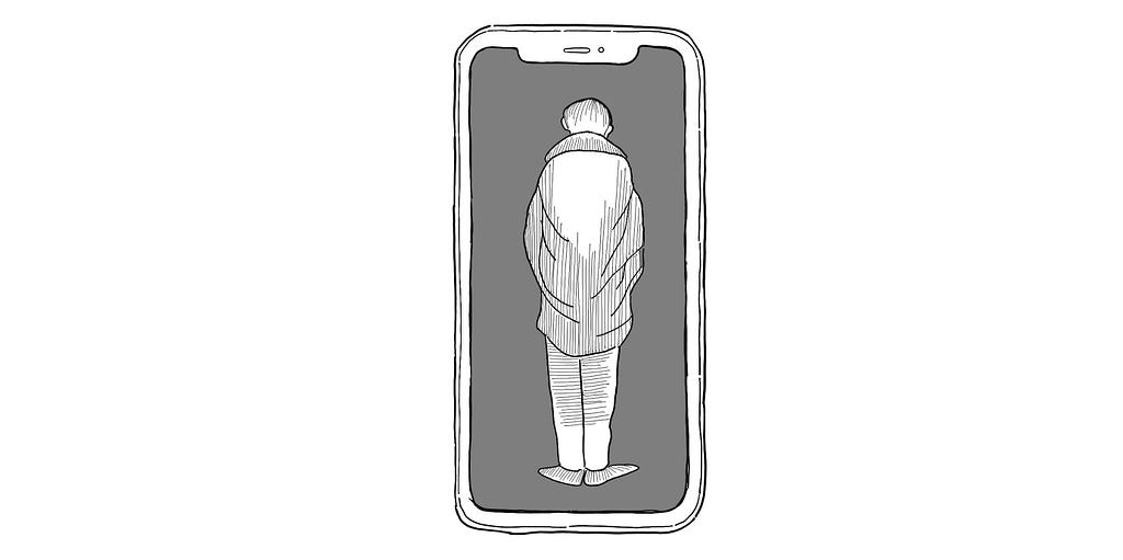 Illustration of a man standing inside a phone by Nicolas Backal.