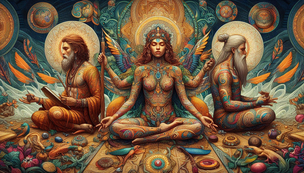 2 men and 1 woman sitting on the floor meditating and align mind, body, and soul. Ayahuasca style design