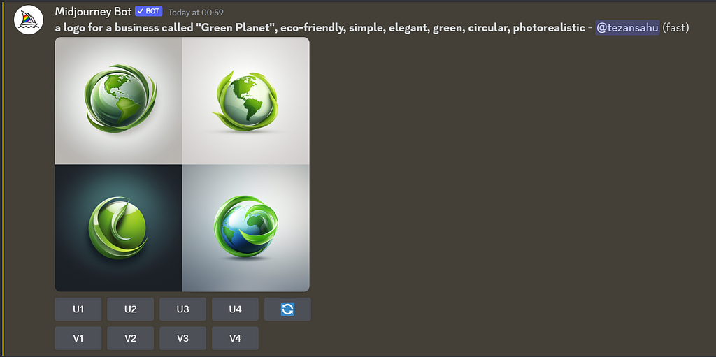Midjourney’s response to the prompt “a logo for a business called “Green Planet”, eco-friendly, simple, elegant, green, circular, photorealistic”