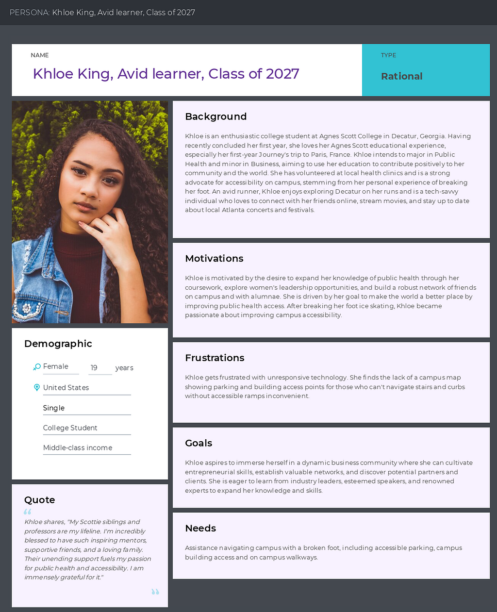 An image of the persona of Khloe King, Class of 2027, at Agnes Scott College. It includes her goals, frustrations, motivations and demographics.