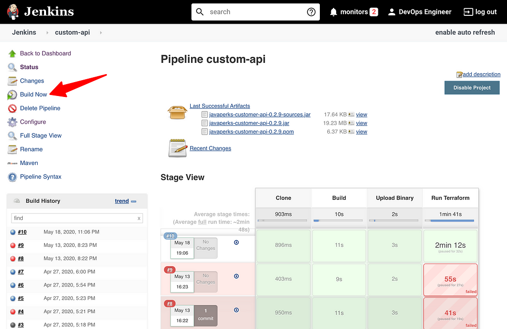 Image of starting the pipeline build in Jenkins