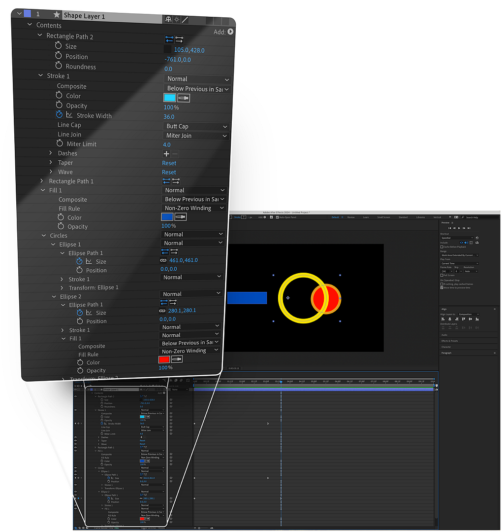 A screenshot of an After Effects artboard and timeline alongside an exploded view of the app’s layer navigation showing it’s complexity.