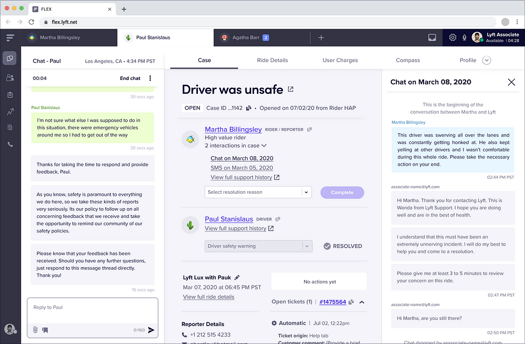 Lyft’s support tooling is a high-density view with lots of essential information shown on-screen at the same time. Responsive design played a big role in ensuring that all UI elements scale correctly.