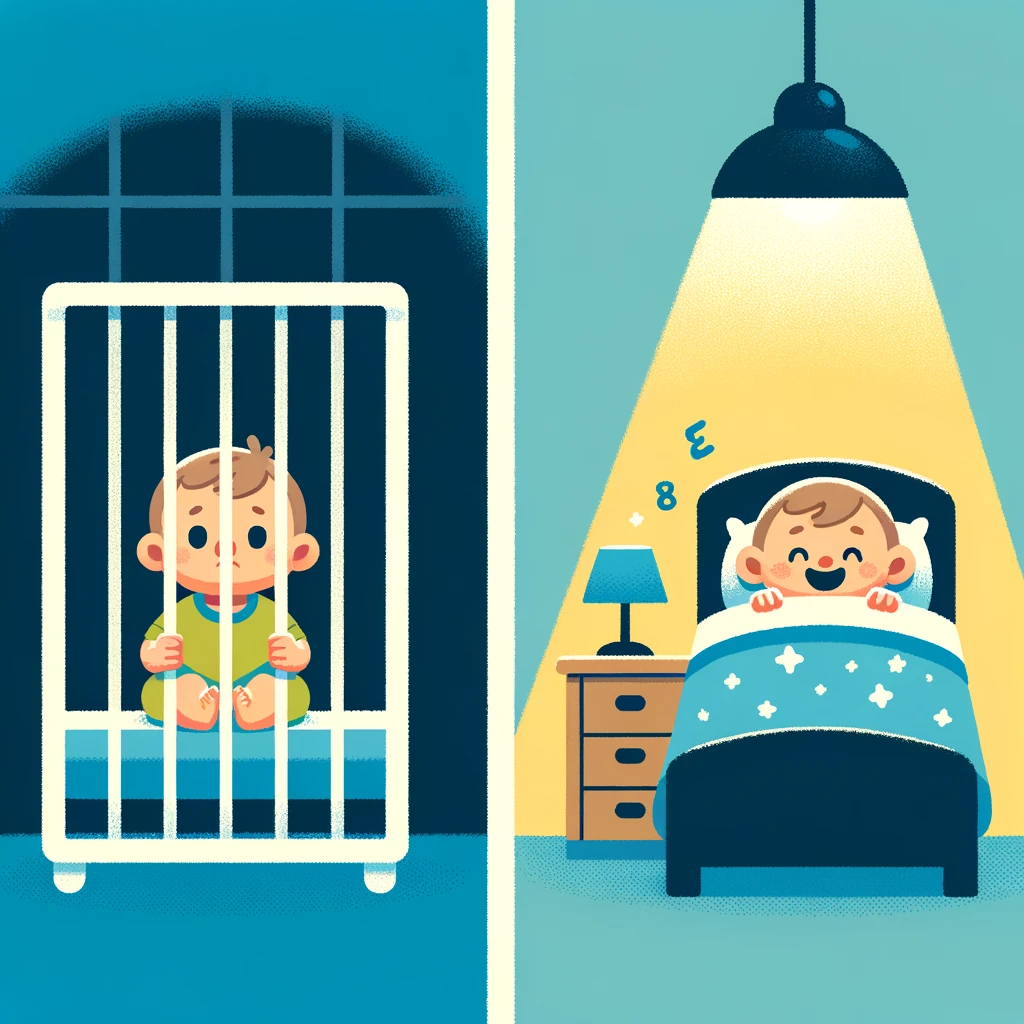 Visual contrast between a restricted toddler in a crib and a content toddler enjoying sleep in a new bed