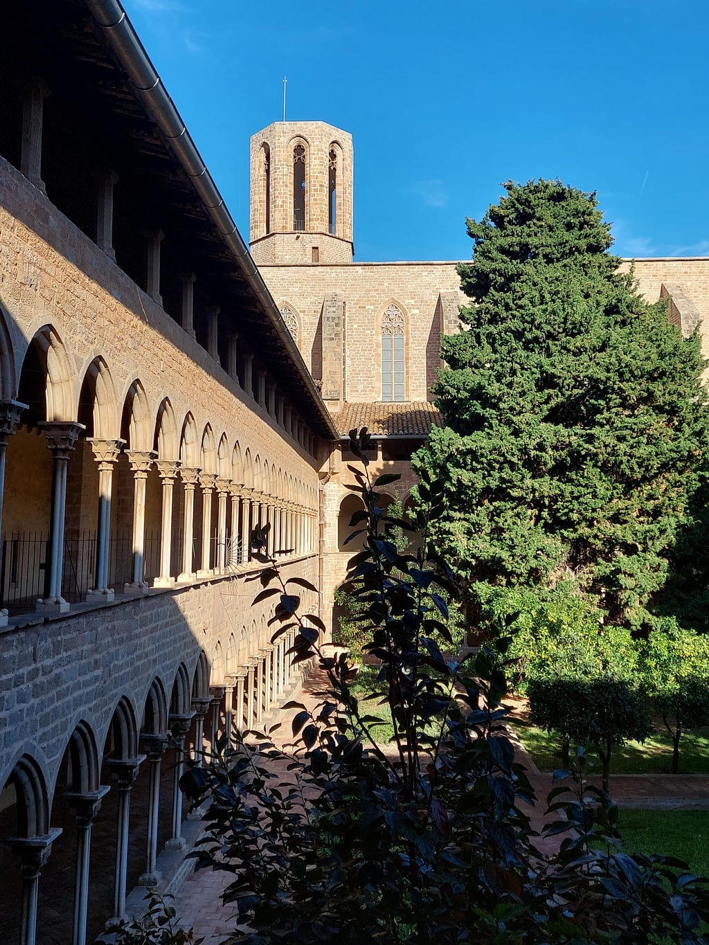 View from the upper floor of the cloister of the Pedralbes Monastery, on a sunny day, with a focus on the arches and the bell tower.