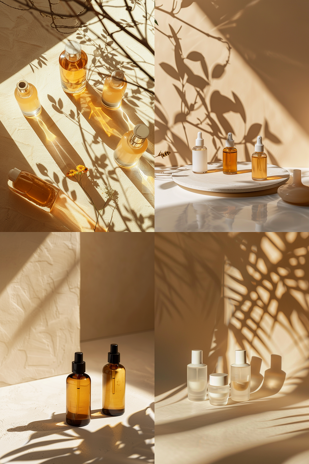 Commercial photography, a skincare cosmetic bottles, on beige background, central big empty space, morning lighting and shadow from the window, minimal, dreamy scenes, horizontal composition