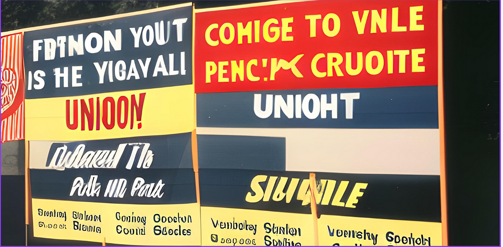 Generative AI created image from Canva AI prompted with union picket signs. Article on using chatgpt for union organizing and community organizing.