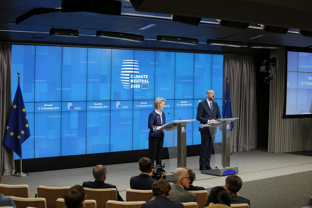 Charles Michel, President of the European Council and Ursula von der Leyen, European Commission President, speak at the EU Summit on 13 December 2019.