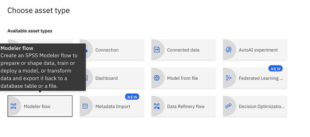 A shot of choosing an asset type in Cloud Pak for Data that includes Modeler Flow, Connection, Dashboard, Metadata Import, Connected data, Model from file, data refinery flow, autoAI experiment, federated learning, and decision optimization.