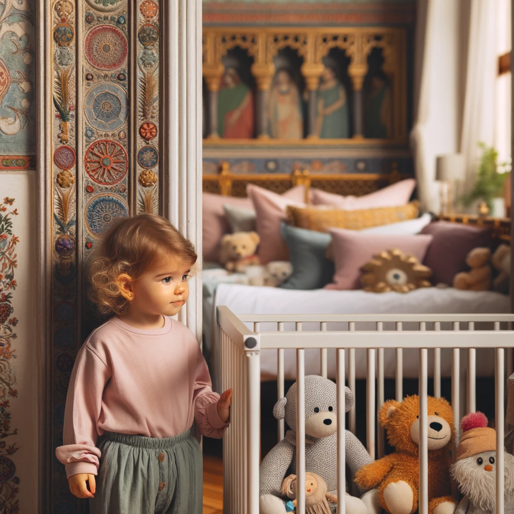 Curious toddler girl by a crib, eyeing a spacious bed decorated with toys and soft cushions