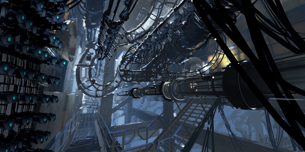 A piece of Portal 2 concept art. It is drawn digitally in the style of the game, mostly realistically. Enormous glass tubes with rings of steel recede into the distance, with other ones curling around them. Mechanical arms on tracks stretch up near the ceiling, and more mechanical arms cover the wall on the left of the photo. Metal walkways can be seen high up in the distance, and the room seems to go on forever.